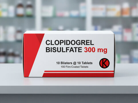 Clopidogrel Bisulfate 300 mg Medicine Box Packaging for Blood Thinner Treatment Isolated on White