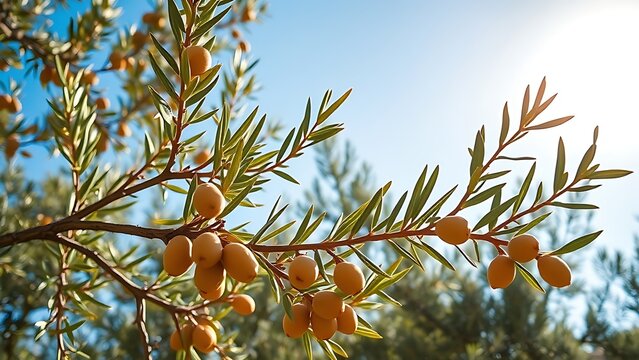 Argan tree branches with thorny leaves and olive-like fruits under bright sun.