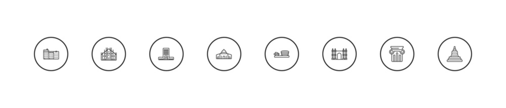 outline monuments icons set - monumental building, dome of the rock, museum. editable vector for web and mobile ui