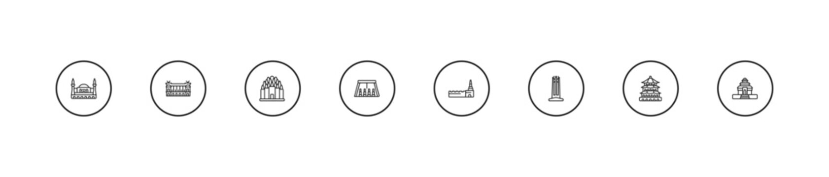 outline monuments icons set - prambanan, abu simbel, moscow. editable vector for web and mobile ui