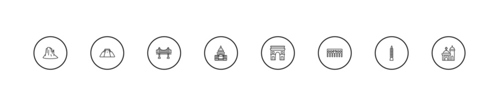 outline monuments icons set - vincent thomas bridge, united states capitol, arc of triomphe. editable vector for web and mobile ui