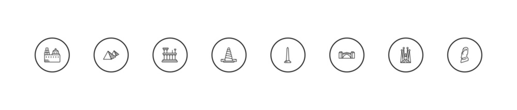 outline monuments icons set - roman theatre of merida, great mosque of samarra, national mall. editable vector for web and mobile ui