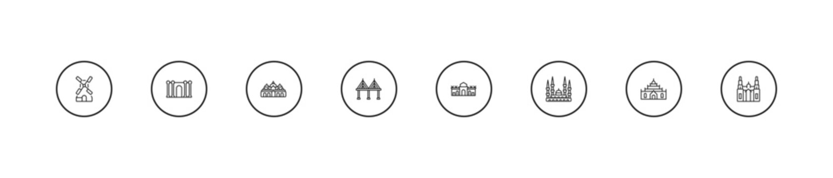 outline monuments icons set - st mark basilica, t, alcala gate. editable vector for web and mobile ui