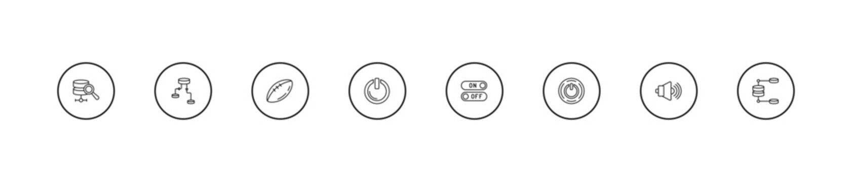 outline multimedia icons set - football balloon, start button, switches. editable vector for web and mobile ui