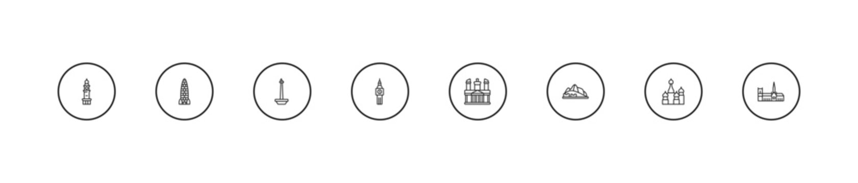 outline monuments icons set - national monument monas, the clock tower, petra. editable vector for web and mobile ui