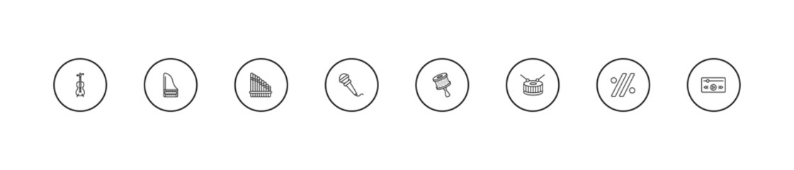 outline music icons set - panpipe, hand mic, cabasa. editable vector for web and mobile ui © IconArt