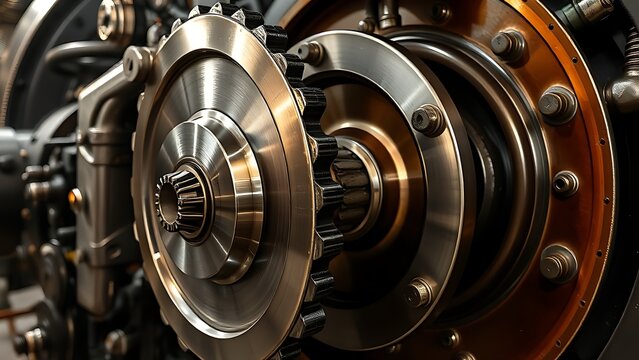 Polished crankshaft inside vintage steam engine, gleaming with oil in industrial workshop.