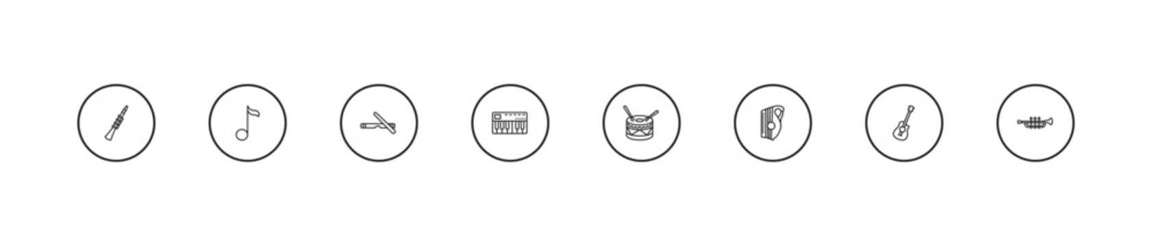 outline music collection. thin icons set - clave, music keyboard, percussion. editable vector for web and mobile ui
