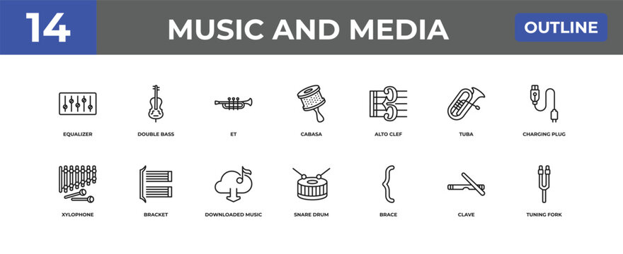 outline music and media icons set - equalizer, double bass, clave. editable vector for web and mobile ui