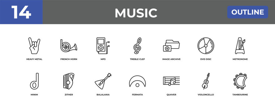 outline music icons set - heavy metal, french horn, violoncello. editable vector for web and mobile ui