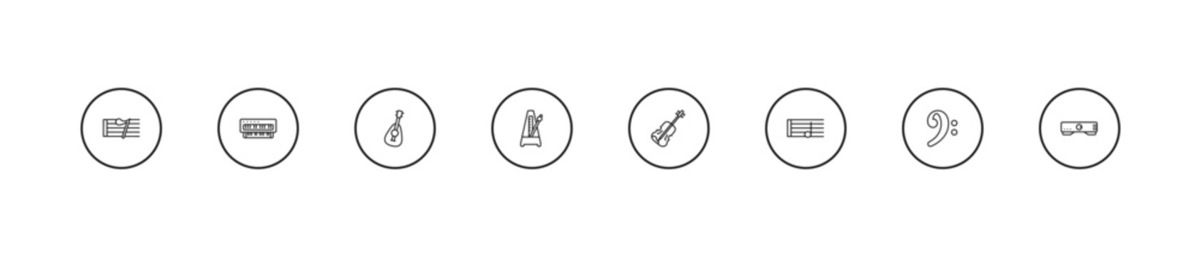 outline music and media icons set - mandolin, metronome, violin. editable vector for web and mobile ui