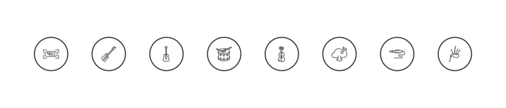outline music and media icons set - acoustic guitar, drum, viola. editable vector for web and mobile ui