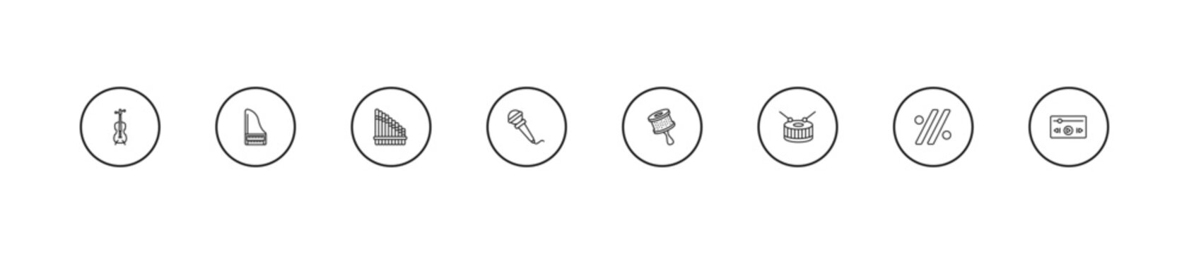 outline music icons set - panpipe, hand mic, cabasa. editable vector for web and mobile ui