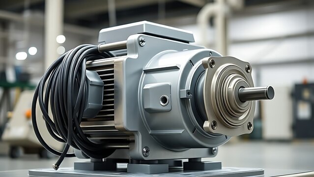 Large industrial stepper motor with metallic housing and bundled cables.