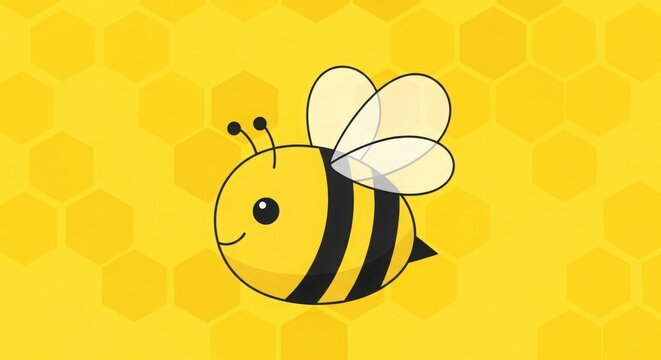 Smiling cartoon bee on yellow honeycomb background