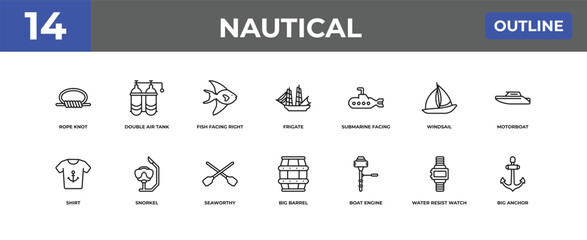 Naklejka premium outline nautical icons set - rope knot, double air tank, water resist watch. editable vector for web and mobile ui