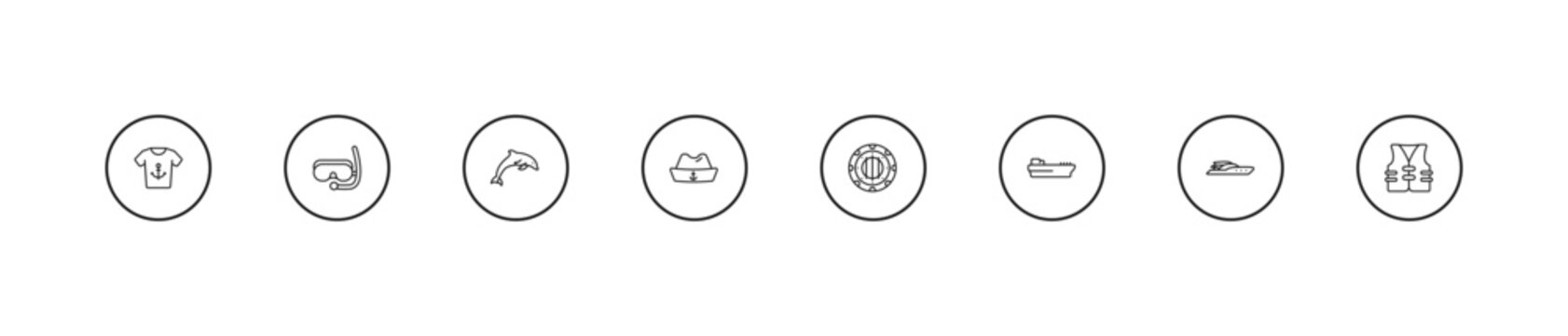 outline nautical icons set - dolphin, sailor hat, submarine window. editable vector for web and mobile ui