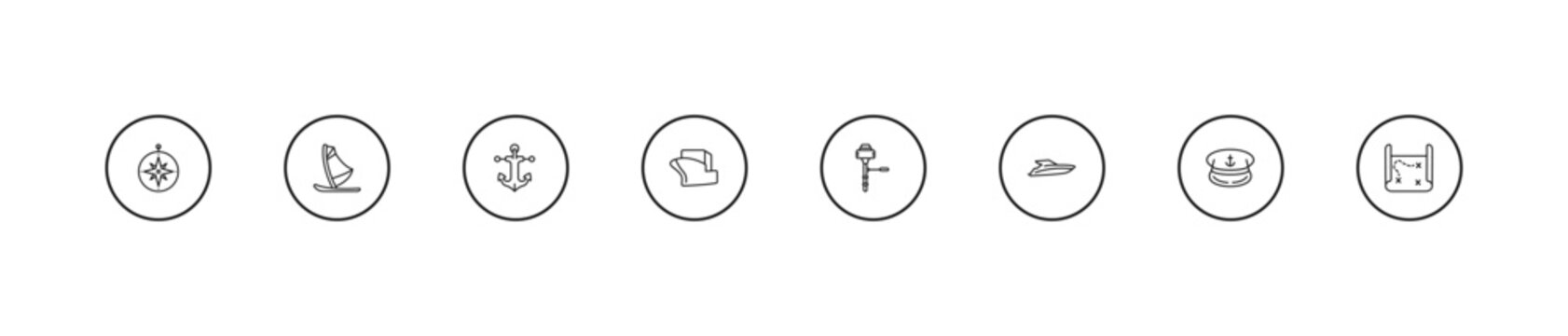 outline nautical icons set - marine, vessel, boat engine. editable vector for web and mobile ui