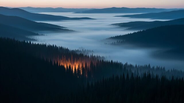 Breathtaking landscape of a misty mountain valley at dawn with a glowing patch of sunlight illuminating the pine forest trees amidst the fog