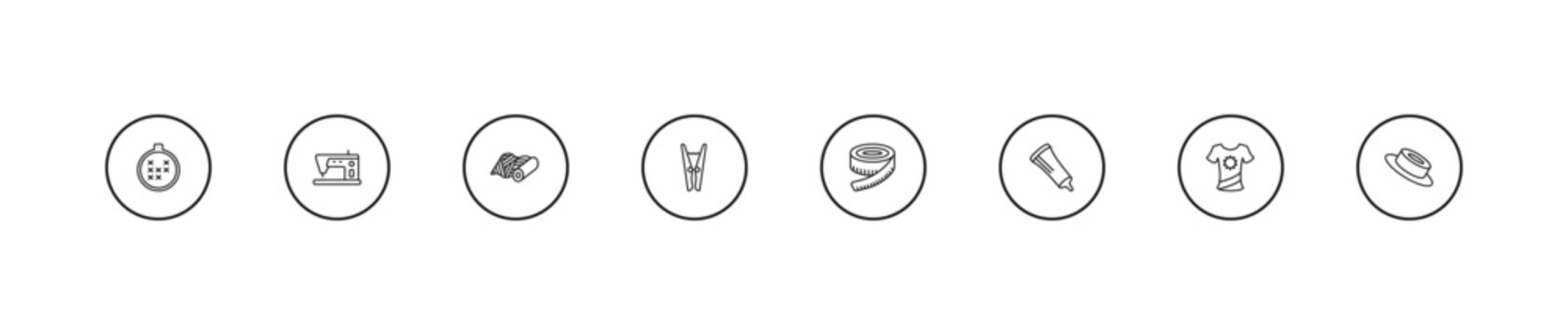 outline sew icons set - material, clothespin, measuring. editable vector for web and mobile ui