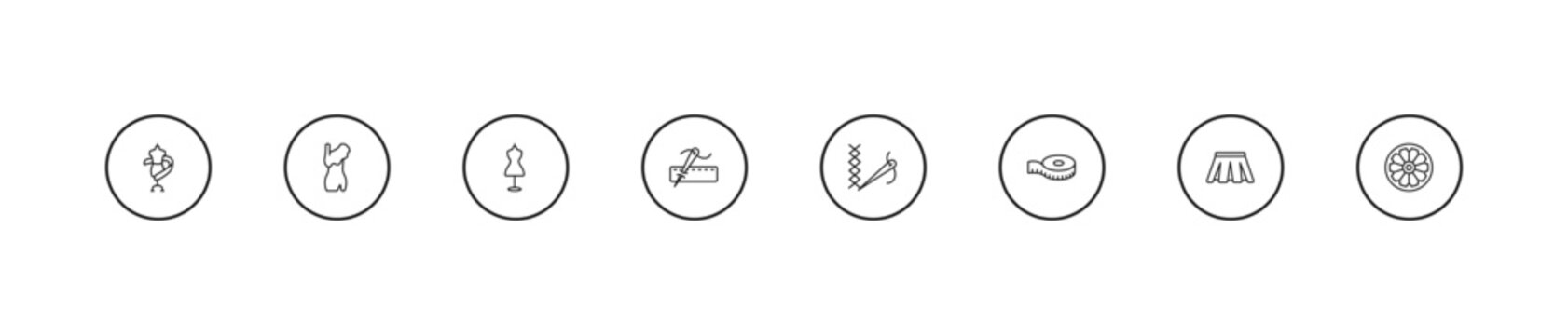 outline sew icons set - dummy, running stitch, stiching. editable vector for web and mobile ui