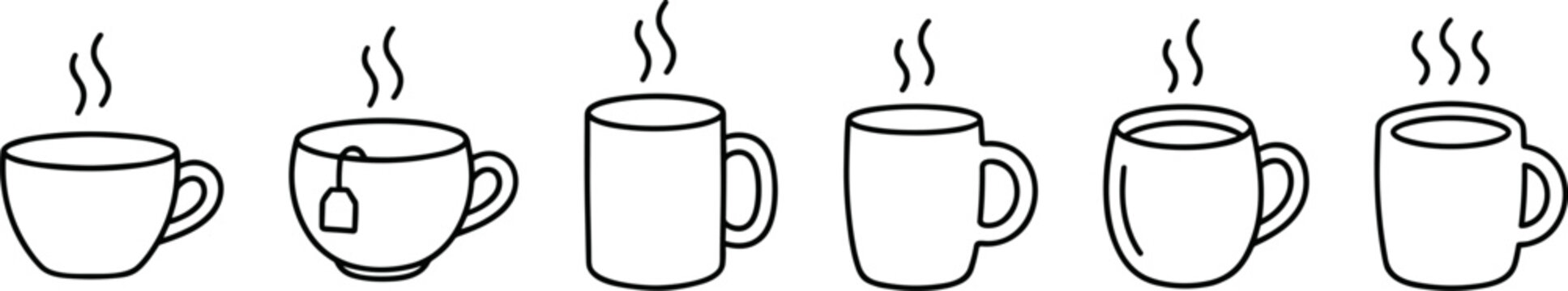 hot beverage cups and mugs with steam in line style on transparent background