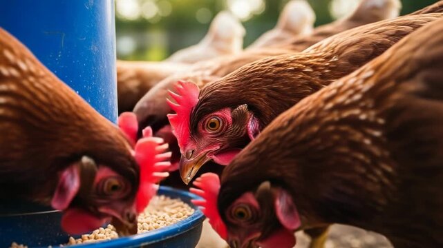Group of brown chickens eating feed from a blue feeder on a farm