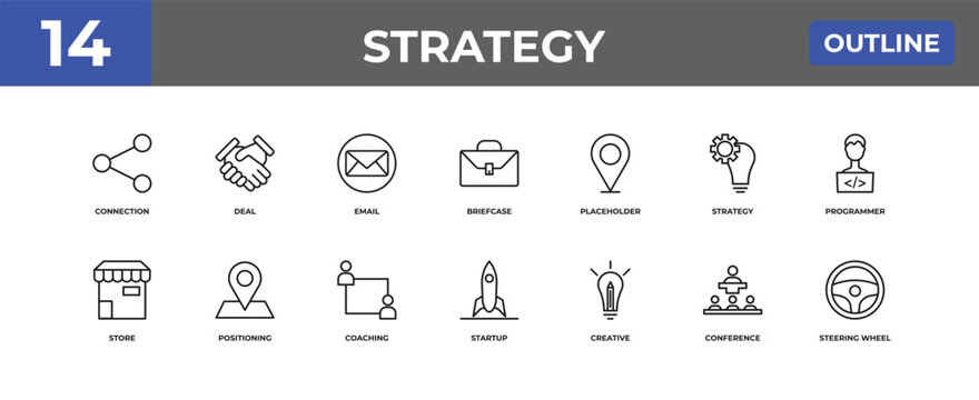 outline strategy icons set - connection, deal, conference. editable vector for web and mobile ui