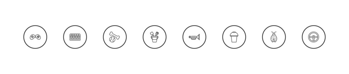 outline toys icons set - puppy toy, sand bucket toy, et toy. editable vector for web and mobile ui © IconArt