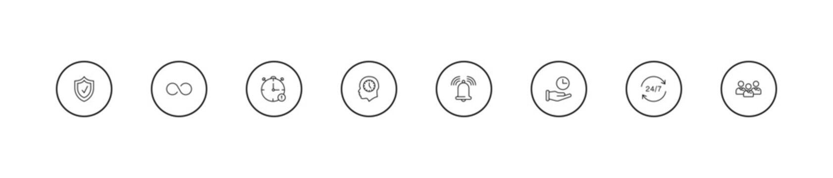 outline time management icons set - out of time, time mind, reminder. editable vector for web and mobile ui