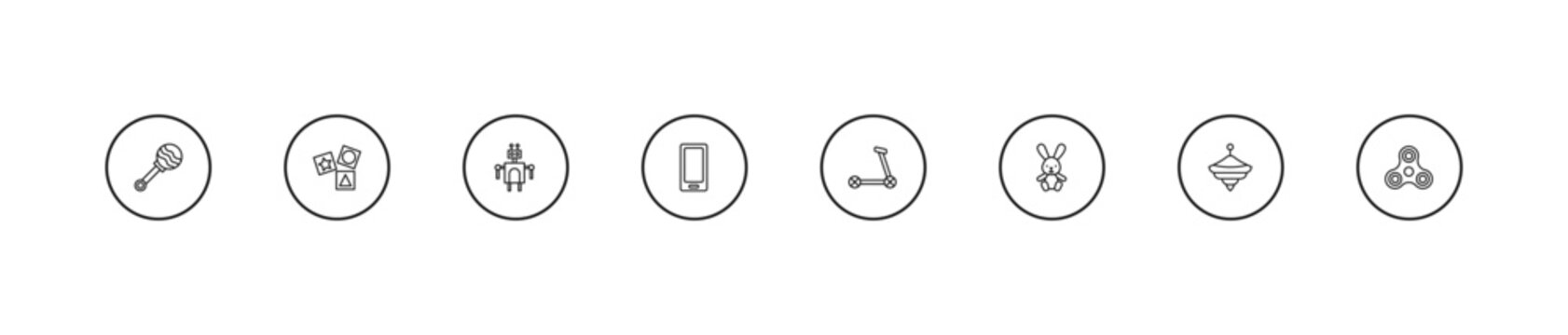 outline toys icons set - robot toy, telephone toy, scooter toy. editable vector for web and mobile ui