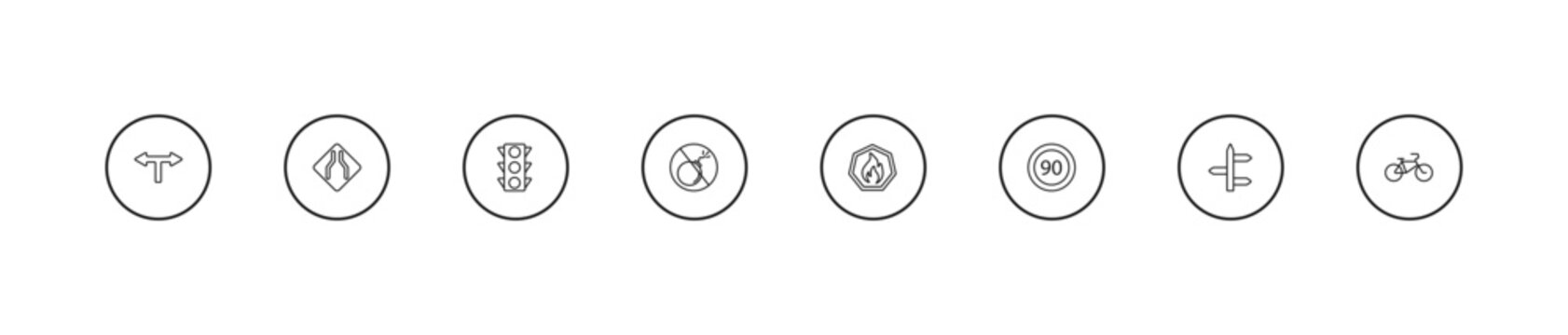 outline traffic signs icons set - traffic lights, no bombs, fire. editable vector for web and mobile ui