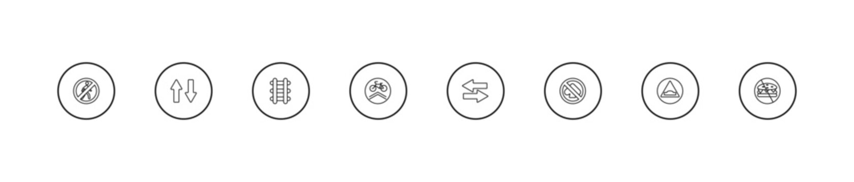 outline traffic signs icons set - railway, cycle lane, two ways. editable vector for web and mobile ui