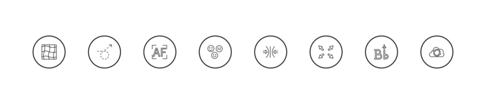 outline user interface icons set - auto focus, emot, compress. editable vector for web and mobile ui