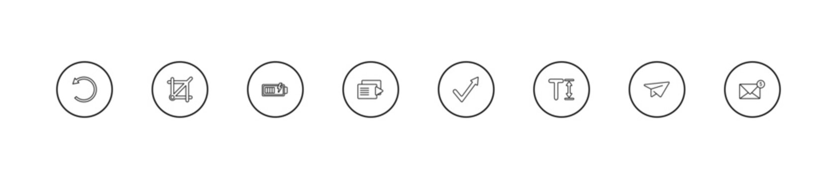 outline user interface icons set - battery loaded, play files, check mark arrow. editable vector for web and mobile ui