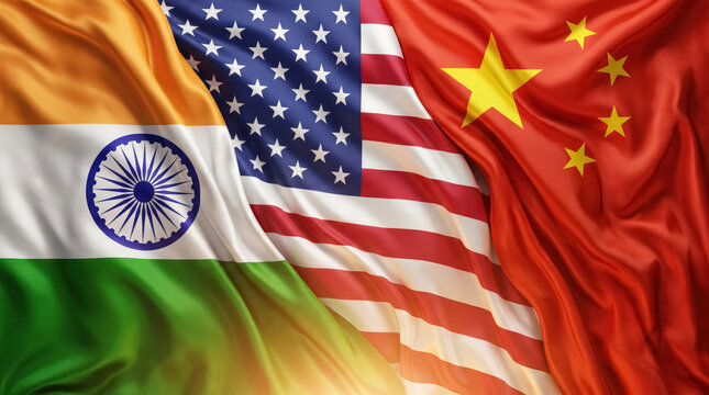 India, USA and China flags concept for geopolitics, international relations and global strategic rivalry. 