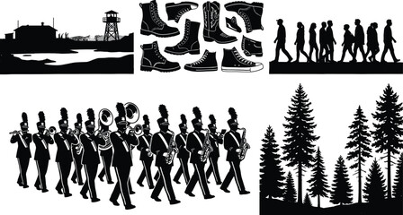 Black Silhouette Collection of Camp, Footwear, Walking People, Marching Band, and Forest Trees © MdArshadul