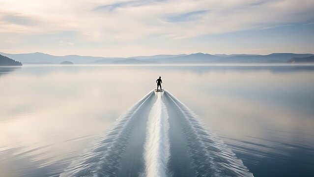 A lone wakeboarder gliding on a calm lake, leaving a long water trail.