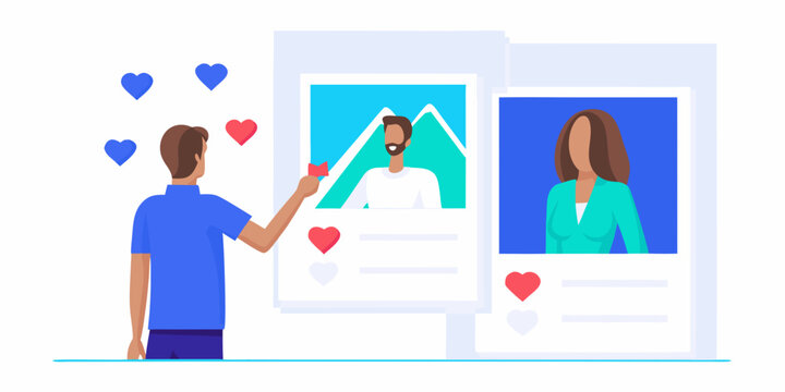 Dating app interface with user profiles and heart icons