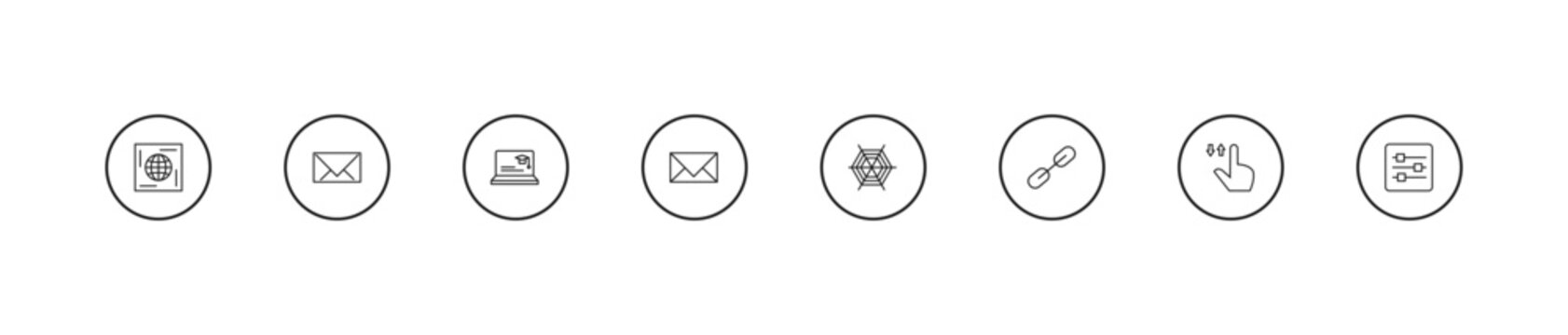 outline web icons set - looking for students, close envelope, cobweb and spider. editable vector for web and mobile ui