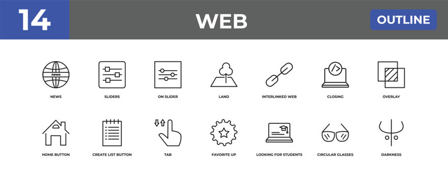 outline web icons set - news, sliders, circular glasses. editable vector for web and mobile ui