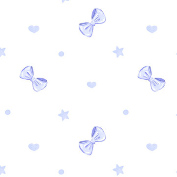 Seamless pattern with lilac bows, hearts and stars