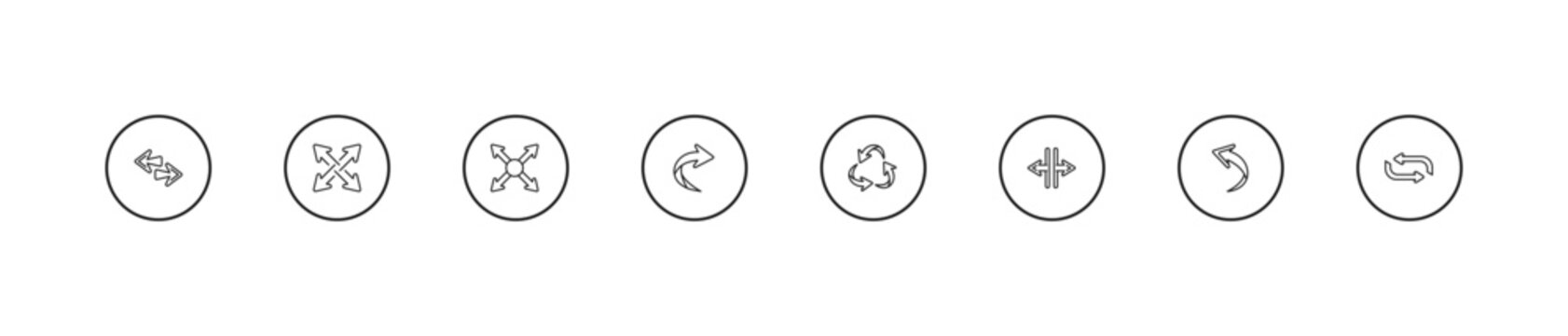 outline arrows icons set - resize, right curve, three curved arrows. editable vector for web and mobile ui