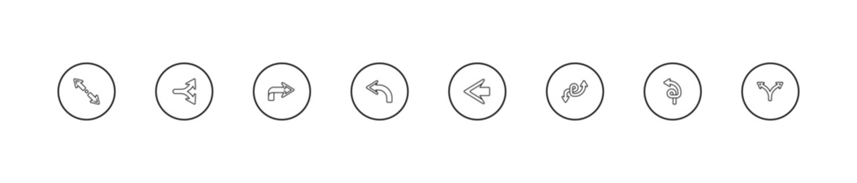 outline arrows collection. thin icons set - right arrow curved, backward, left arrow. editable vector for web and mobile ui