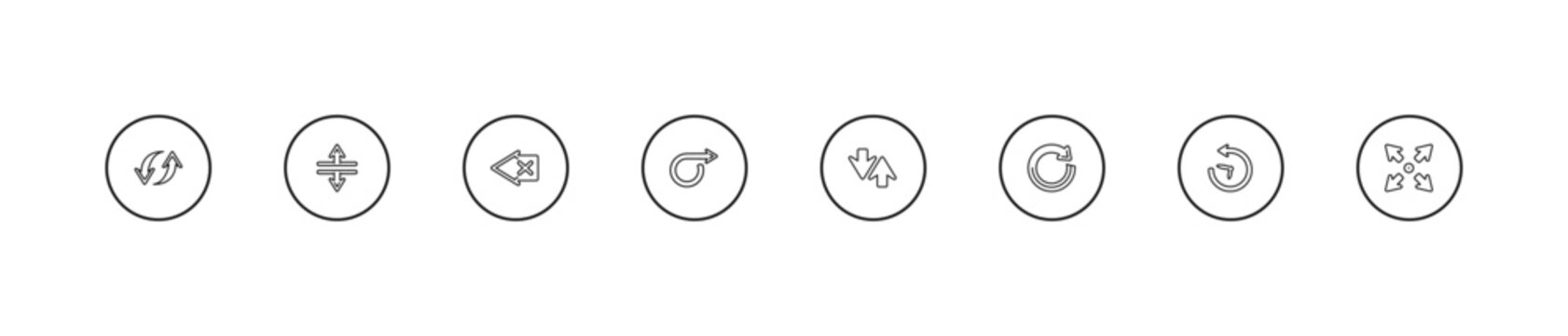 outline arrows icons set - backspace, right circling arrow, sort. editable vector for web and mobile ui