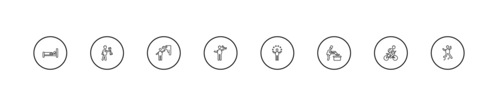outline behavior icons set - man painting wall, man fitness, circus man. editable vector for web and mobile ui