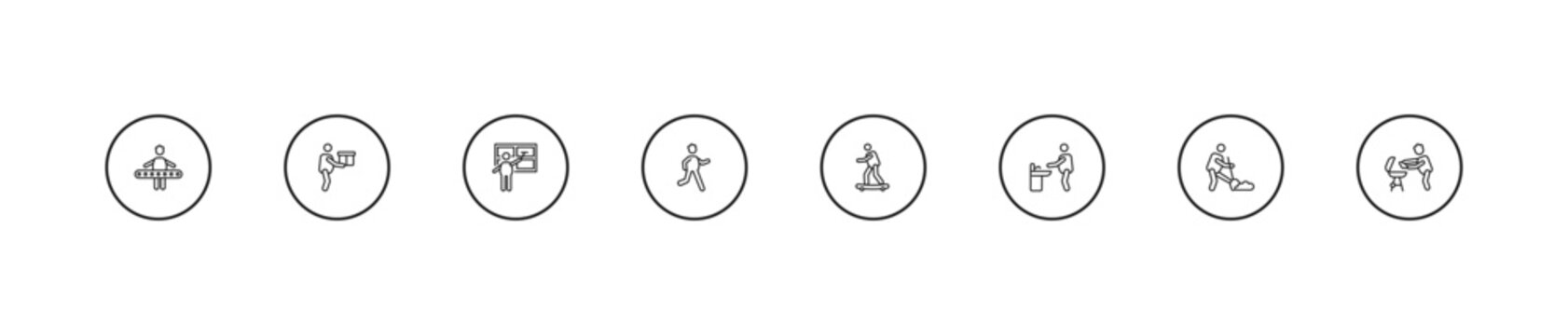 outline behavior icons set - window cleaning, stick man running, man skating. editable vector for web and mobile ui