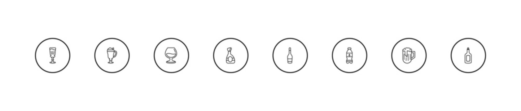 outline drinks icons set - armagnac, cognac, wine bottles. editable vector for web and mobile ui
