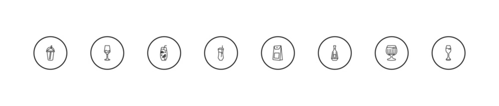 outline drinks icons set - ice tea, ramos gin fizz, coffee bag. editable vector for web and mobile ui