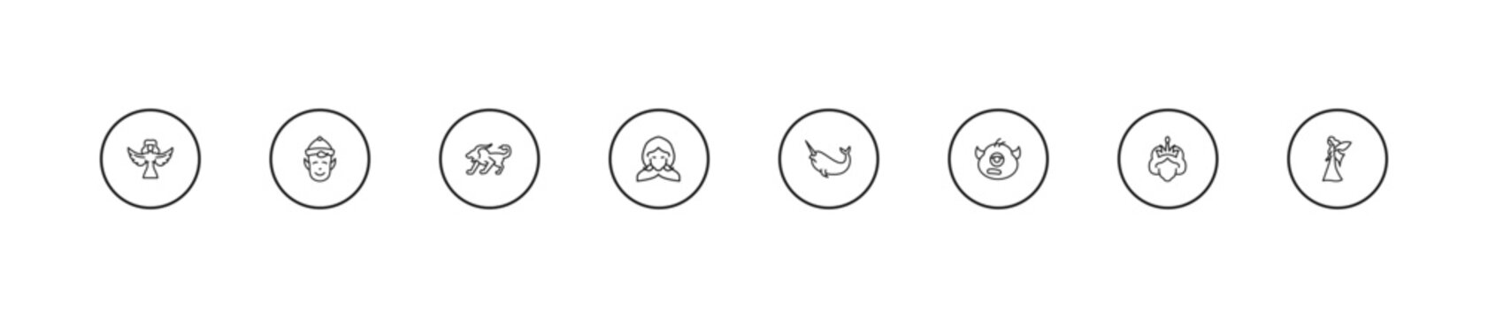 outline fairy tale icons set - chimera, little red riding hood, narwhal. editable vector for web and mobile ui